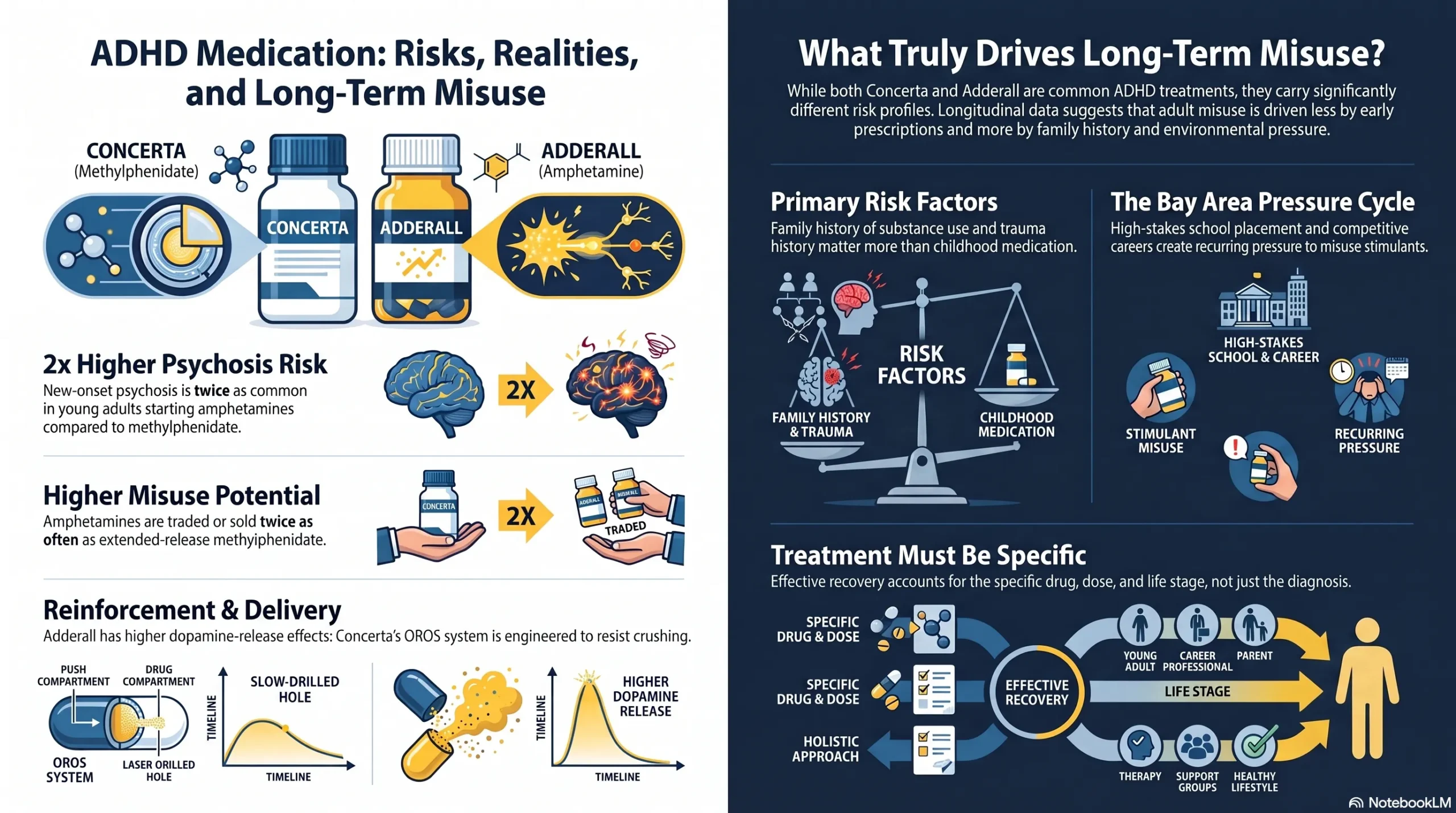 Infographic on ADHD medication risks showing Adderall's 2x higher psychosis and misuse rates versus Concerta, plus long-term misuse drivers like family history, trauma, and Bay Area school and career pressure.