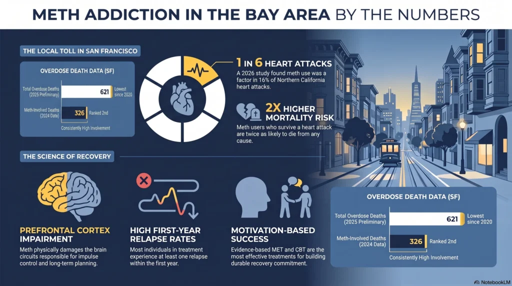 Infographic on Bay Area meth addiction data: 326 meth-involved SF overdose deaths in 2024, meth a factor in 1 in 6 heart attacks, 2x higher mortality risk, plus prefrontal cortex impairment and MET/CBT recovery.