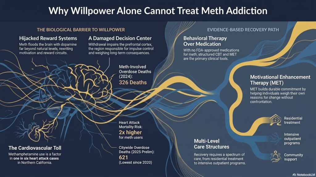 Infographic on why willpower alone cannot treat meth addiction: hijacked reward systems, prefrontal cortex damage, cardiovascular toll, and an evidence-based recovery path using CBT, MET, and multi-level care.