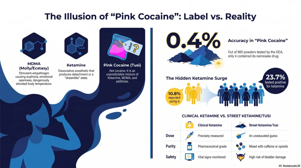 Infographic contrasting pink cocaine label versus reality: only 0.4% of 960 DEA-tested powders contained 2C-B, 23.7% of clubgoers tested positive for ketamine versus 10.8% reporting use, plus a clinical versus street ketamine comparison of dose, purity, and safety.