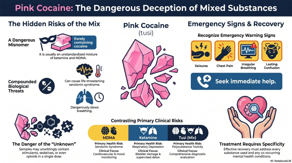 Infographic on pink cocaine (tusi) risks: a mislabeled ketamine and MDMA mixture, serotonin syndrome and slowed breathing dangers, emergency warning signs, and contrasting primary clinical risks for MDMA, ketamine, and tusi.