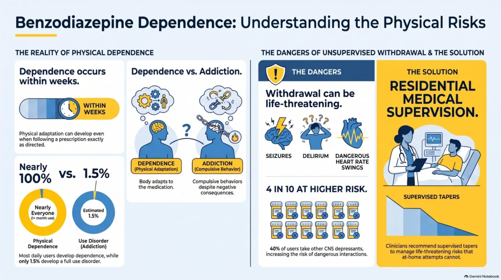 Infographic on benzodiazepine dependence and physical risks: dependence occurring within weeks even when taken as prescribed, the distinction between near-universal physical dependence and a 1.5 percent use-disorder rate, life-threatening withdrawal dangers, and residential medical supervision as the solution.