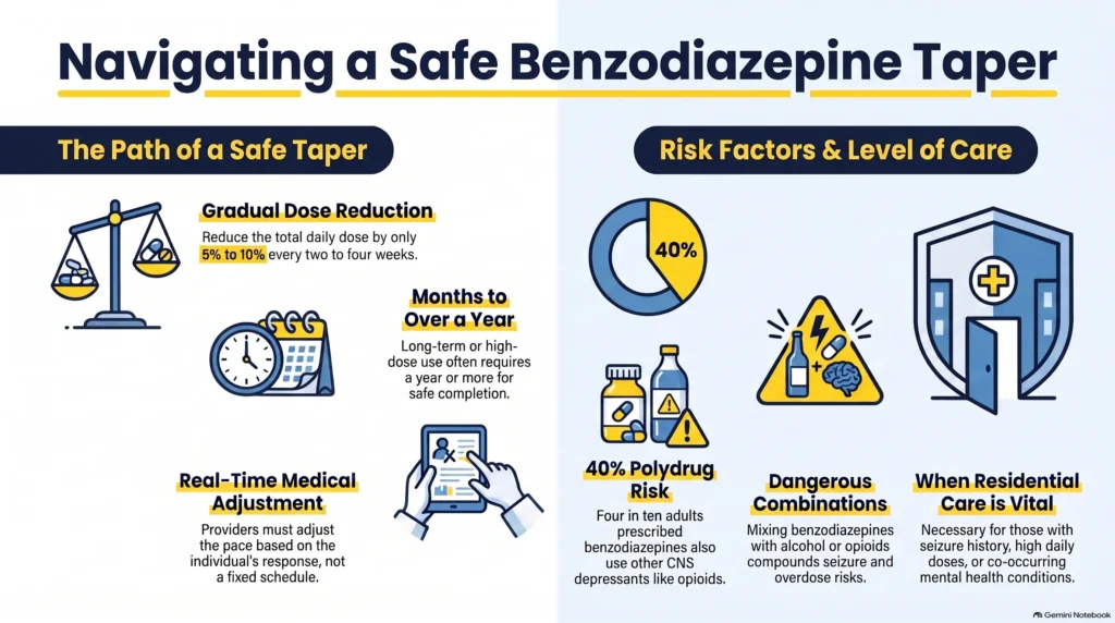 Infographic on navigating a safe benzodiazepine taper: gradual dose reduction of 5 to 10 percent every two to four weeks, a timeline of months to over a year, real-time medical adjustment, a 40 percent polydrug risk, dangerous combinations, and when residential care is vital.