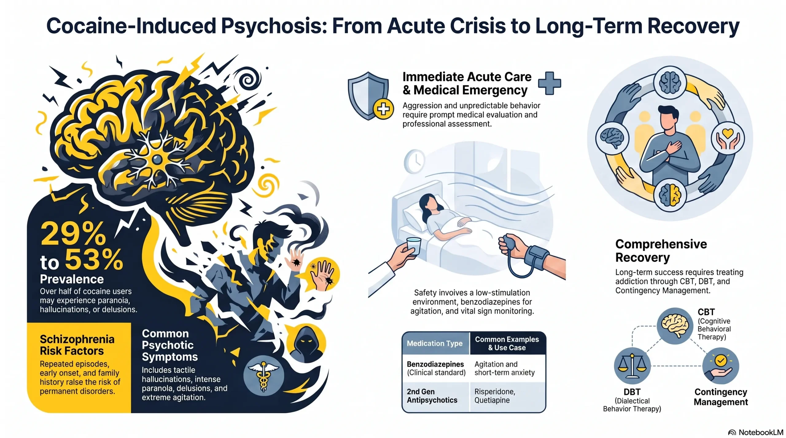 Infographic on cocaine-induced psychosis recovery: 29 to 53 percent prevalence, schizophrenia risk factors, common psychotic symptoms, immediate acute care with benzodiazepines and antipsychotics, and comprehensive recovery through CBT, DBT, and Contingency Management.