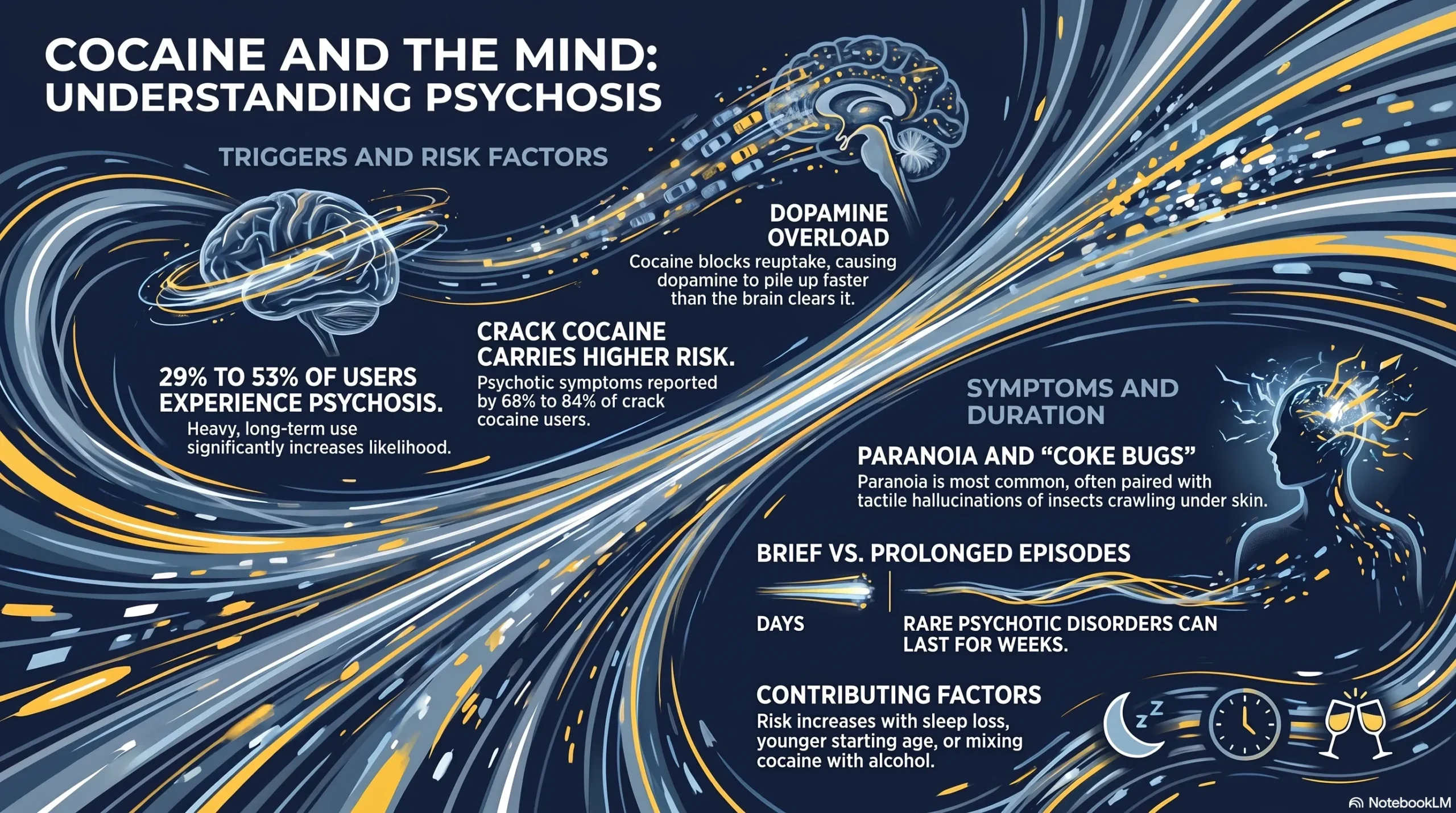 Infographic on cocaine and psychosis: dopamine overload from blocked reuptake, 29 to 53 percent of users affected, crack cocaine's 68 to 84 percent rate, paranoia and coke bugs, and brief versus prolonged episode duration.