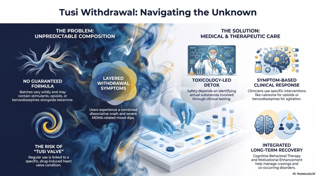 Infographic on managing tusi withdrawal: unpredictable batch composition with no guaranteed formula, layered withdrawal symptoms, tusi valve heart risk, and a care path of toxicology-led detox, symptom-based clinical response, and integrated long-term recovery.