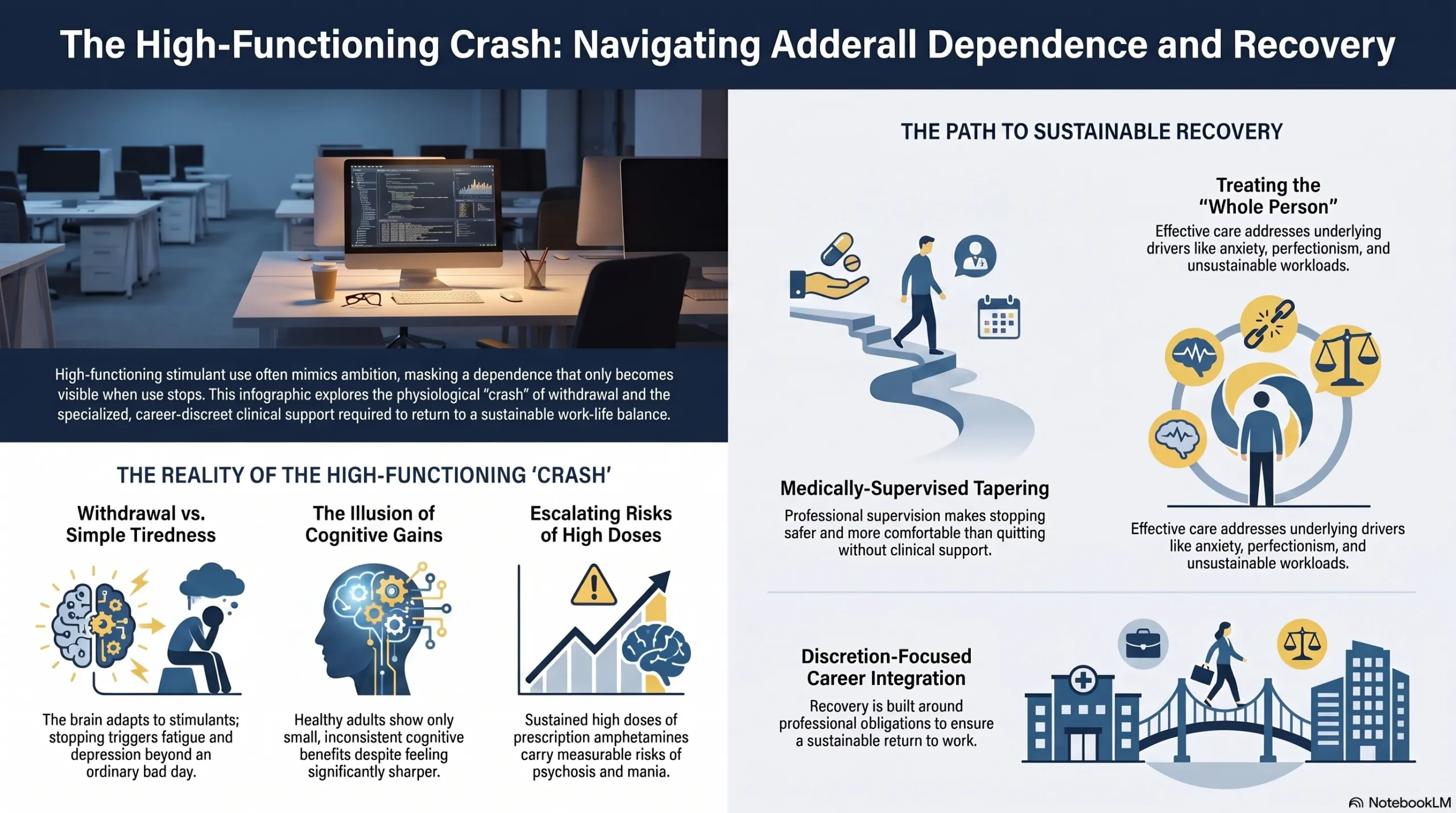 An infographic titled "The High-Functioning Crash" explaining the withdrawal reality versus simple tiredness, escalating risks of high doses, and paths to sustainable recovery including medically-supervised tapering and treating the whole person.