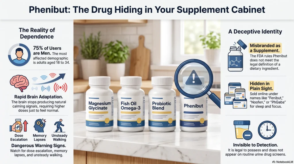 Infographic on phenibut as a hidden supplement-cabinet drug: 75% of users are men aged 18 to 34, rapid brain adaptation and dose escalation, FDA misbranding, sale online under names like Fenibut and Noofen, and invisibility to routine drug screens.