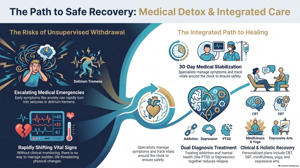 Infographic on understanding Alcohol Use Disorder: a treatment gap of 28 million Americans with only 7.6% receiving care, red flags for dependency, and the safety of medical detox with a 5 to 10 percent lifetime delirium tremens risk and medication-assisted tapering.