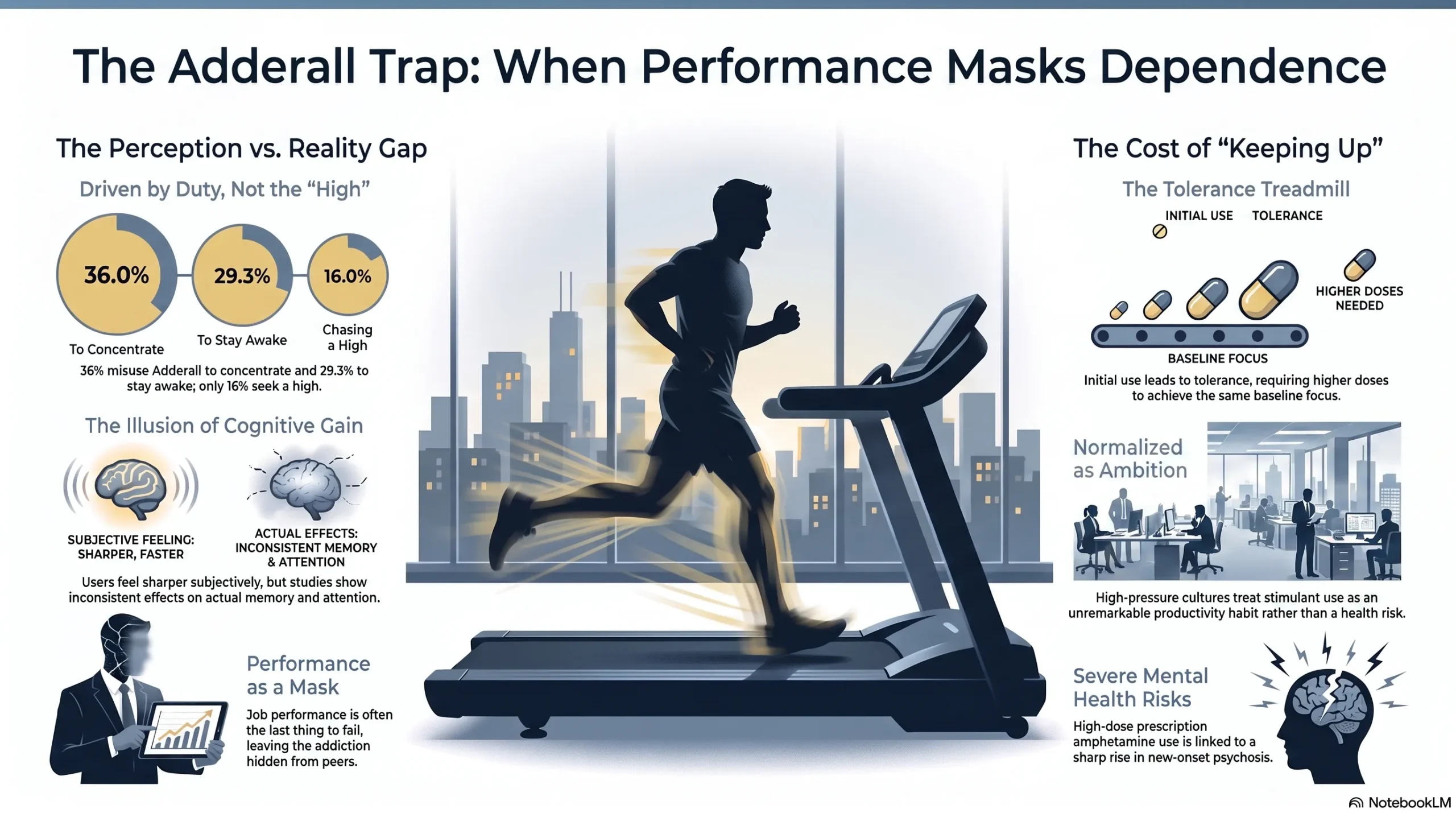 An infographic titled "The Adderall Trap: When Performance Masks Dependence" detailing the gap between perception and reality in stimulant misuse, the illusion of cognitive gains, and the tolerance treadmill alongside severe mental health risks.