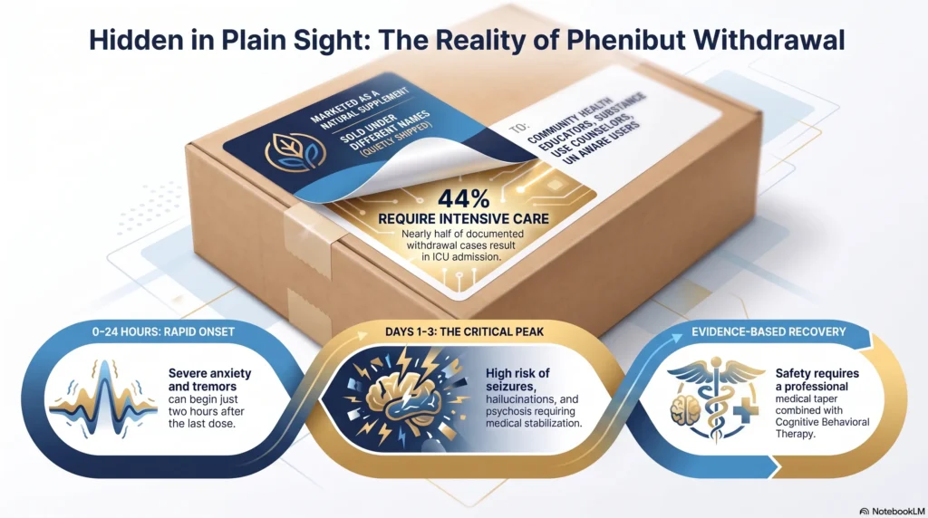Infographic on the reality of phenibut withdrawal: marketed as a natural supplement, 44% of documented cases require intensive care, rapid onset within 24 hours, a critical days one to three peak with seizure and psychosis risk, and evidence-based recovery through medical taper and CBT.
