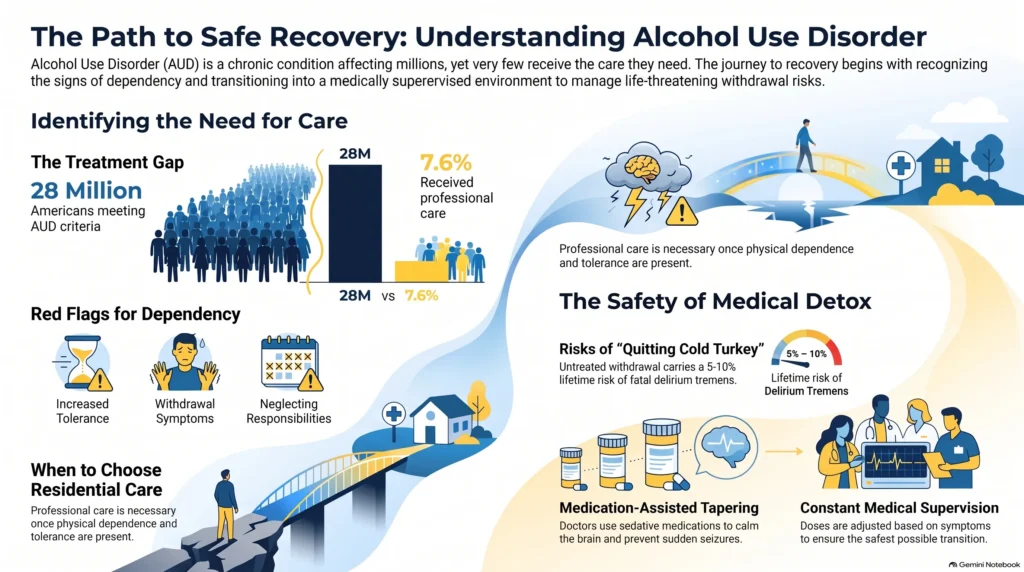 Infographic on understanding Alcohol Use Disorder: a treatment gap of 28 million Americans with only 7.6% receiving care, red flags for dependency, and the safety of medical detox with a 5 to 10 percent lifetime delirium tremens risk and medication-assisted tapering.