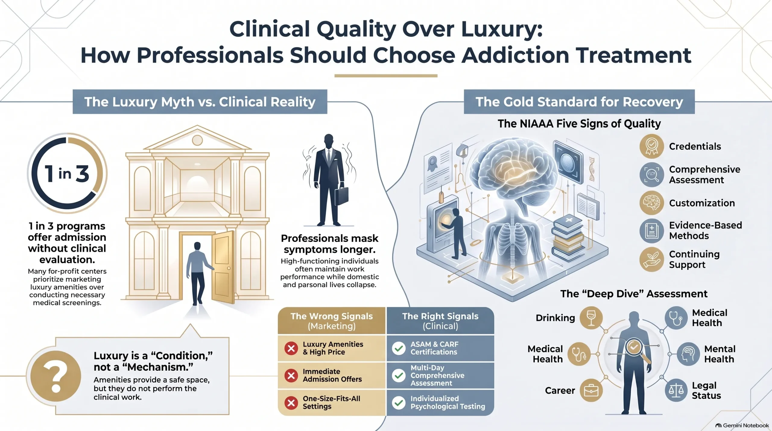 Infographic on choosing addiction treatment by clinical quality over luxury: the NIAAA five signs of quality and a deep-dive assessment, not amenities.