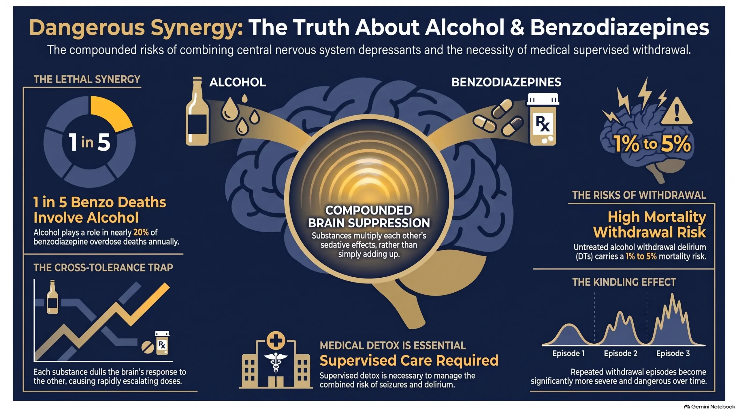 Infographic on the dangers of mixing alcohol and benzodiazepines: compounded brain suppression, cross-tolerance, and a 1 to 5 percent withdrawal mortality risk.